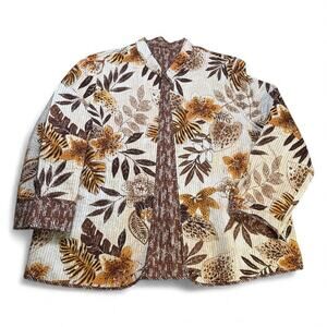 Vtg Reversible Open Front Jacket Blazer Layer Sz L Warm Brown Dot Stripe Floral